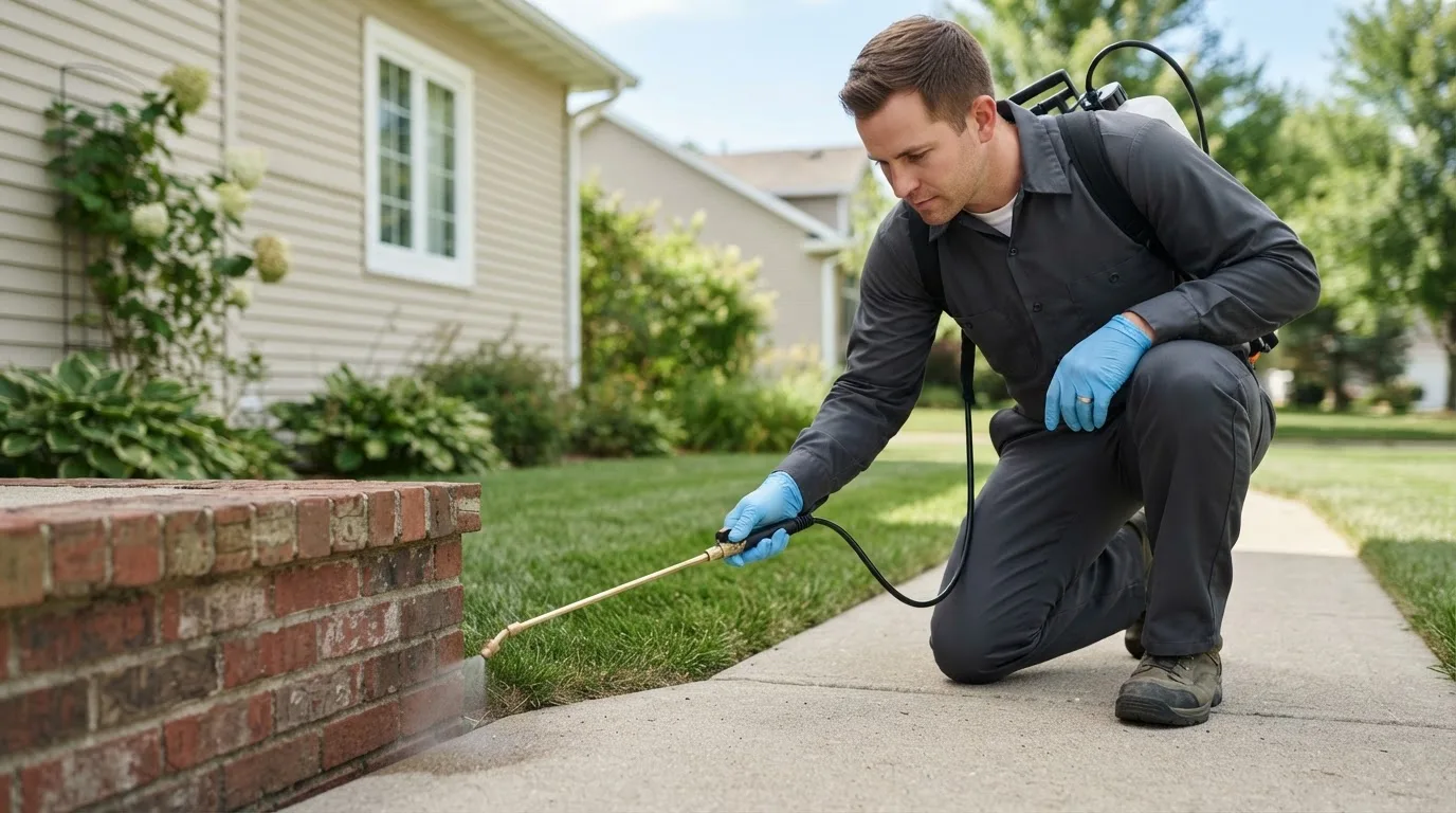 Pest control technician treating a home near South Webster, OH