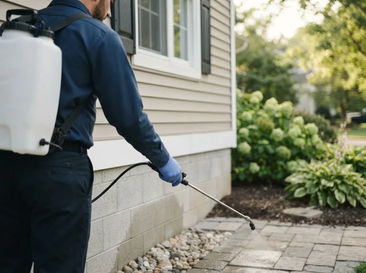 Pest control technician inspecting a home in South Webster, OH